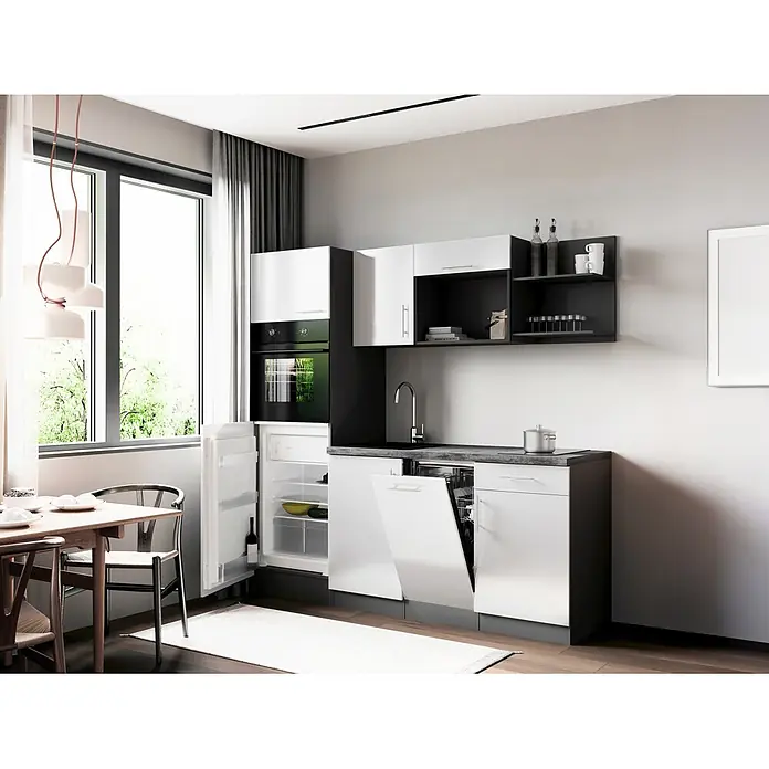 Respekta Oliver Singleküche (Breite: 205 cm, Weiß, Geschirrspüler | Kochfeld | Kühlschrank | Backofen)