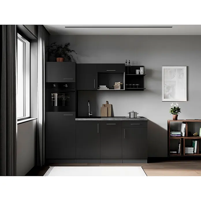 Respekta Oliver Singleküche (Breite: 205 cm, Schwarz, Geschirrspüler | Kochfeld | Kühlschrank | Backofen)