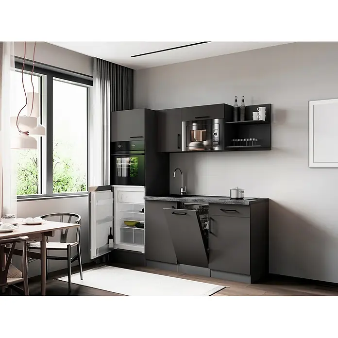 Respekta Oliver Singleküche (Breite: 205 cm, Grau, Kochfeld | Geschirrspüler | Kühlschrank | Mikrowelle | Backofen)