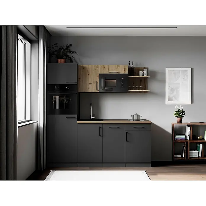 Respekta Oliver Singleküche (Breite: 205 cm, Grau/Holz, Kochfeld | Geschirrspüler | Kühlschrank | Mikrowelle | Backofen)