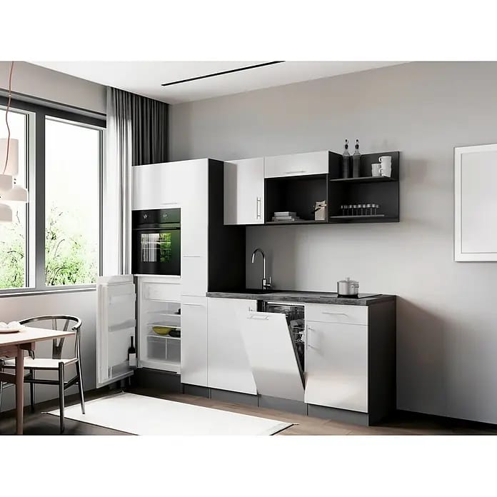 Respekta Oliver Küchenzeile (Breite: 235 cm, Weiß, Geschirrspüler | Kochfeld | Kühlschrank | Backofen)