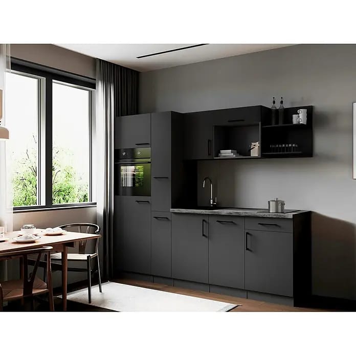Respekta Oliver Küchenzeile (Breite: 235 cm, Grau, Geschirrspüler | Kochfeld | Kühlschrank | Backofen)