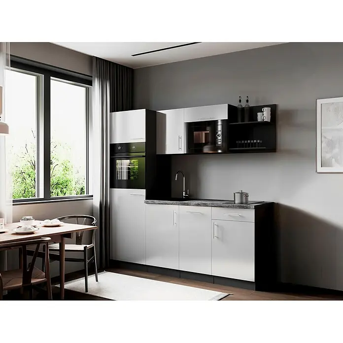 Respekta Oliver Singleküche (Breite: 205 cm, Weiß, Kochfeld | Geschirrspüler | Kühlschrank | Mikrowelle | Backofen)