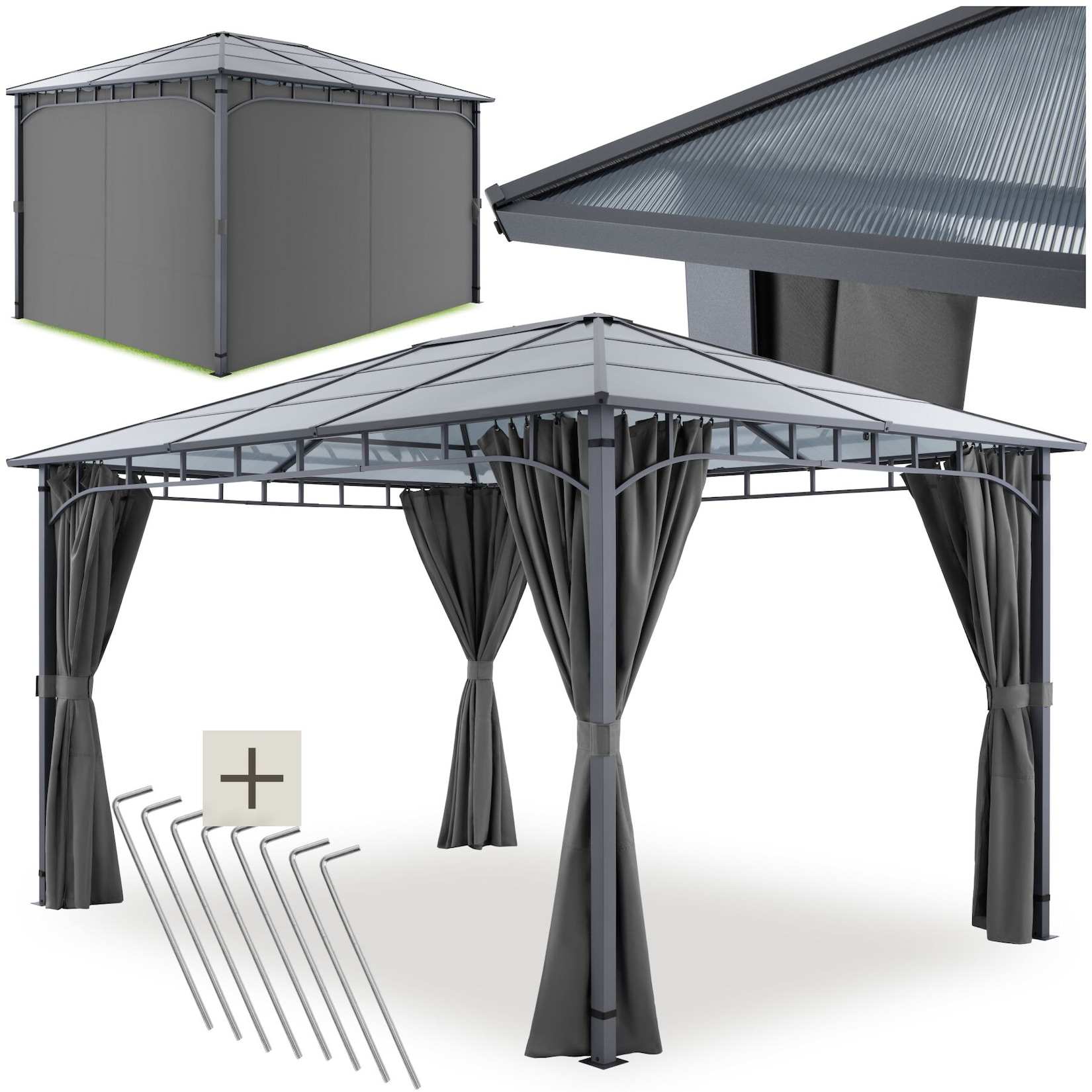 tectake® Gartenpavillon, mit Aluminiumgestell, pulverbeschichtet, lichtdurchlässiges Dach aus Polycarbonat-Platten, inklusive 8 Heringen