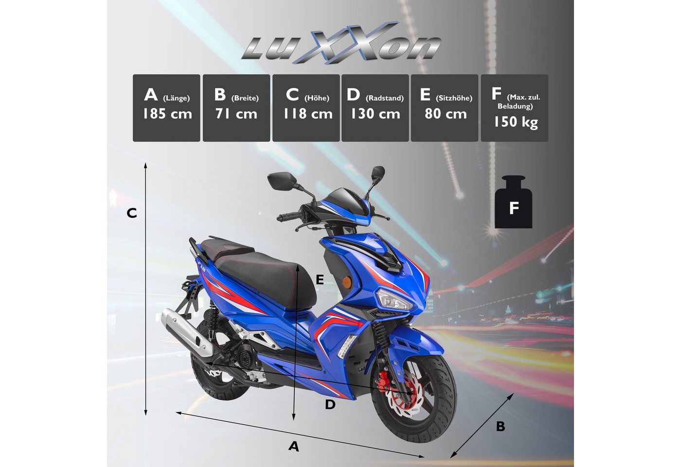 LuXXon F18 Motoroller - City Roller mit 50 ccm - 2,9 PS für max 45 km/h, blau Bild 2