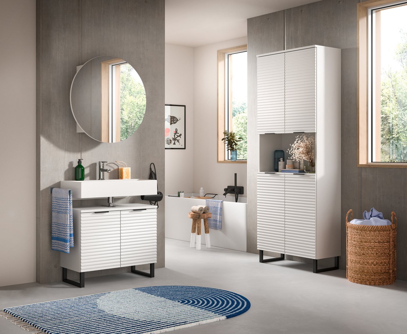 welltime Badmöbel-Set Litica, Breite 155 cm, hochwertige Rillenfräsung, Metallkufen, (3-St), best. aus.: Waschbeckenunterschrank, Spiegelschrank, Hochschrank