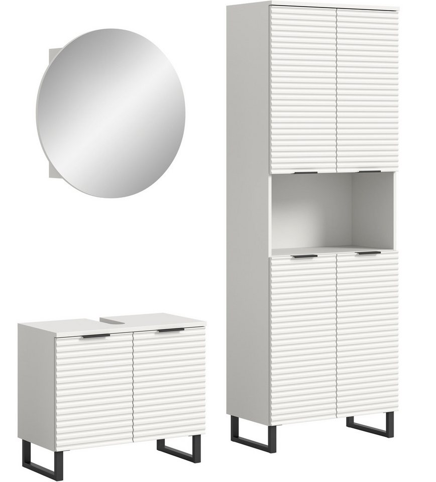 welltime Badmöbel-Set Litica, Breite 155 cm, hochwertige Rillenfräsung, Metallkufen, (3-St), best. aus.: Waschbeckenunterschrank, Spiegelschrank, Hochschrank Bild 2
