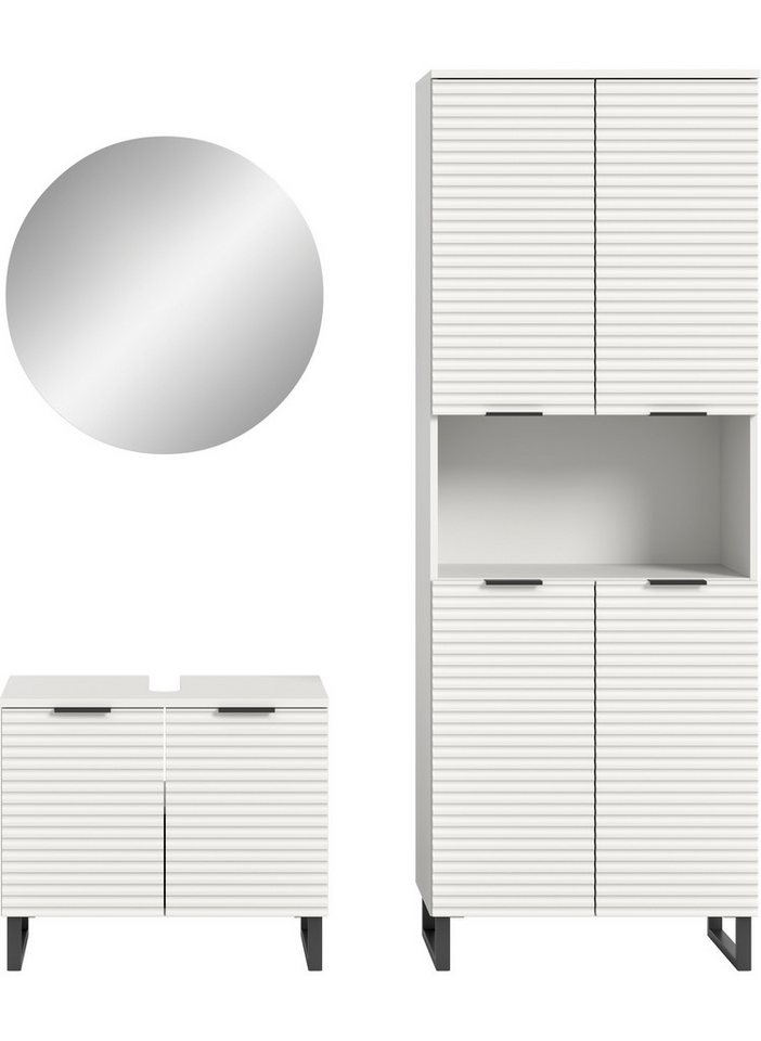 welltime Badmöbel-Set Litica, Breite 155 cm, hochwertige Rillenfräsung, Metallkufen, (3-St), best. aus.: Waschbeckenunterschrank, Spiegelschrank, Hochschrank Bild 3