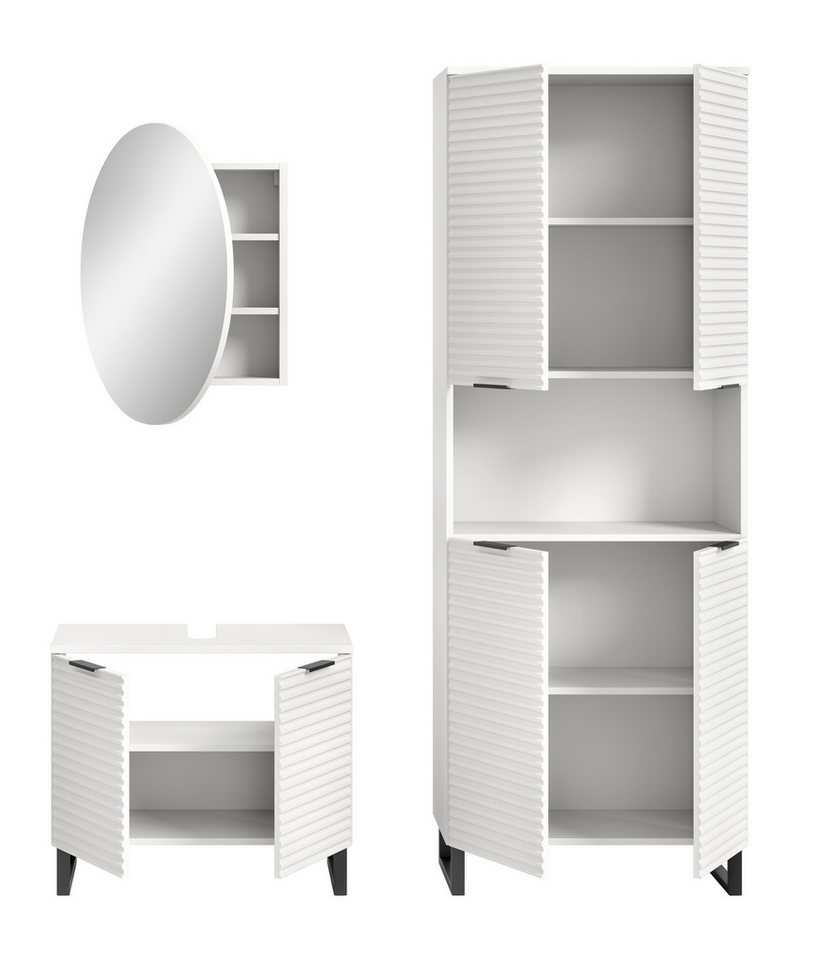welltime Badmöbel-Set Litica, Breite 155 cm, hochwertige Rillenfräsung, Metallkufen, (3-St), best. aus.: Waschbeckenunterschrank, Spiegelschrank, Hochschrank Bild 4