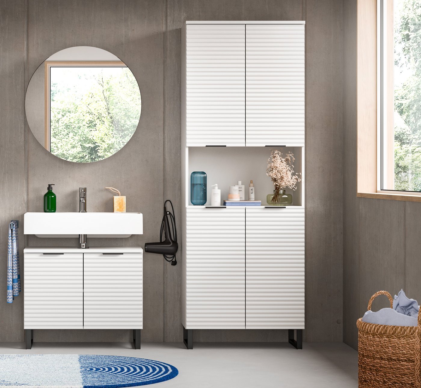 welltime Badmöbel-Set Litica, Breite 155 cm, hochwertige Rillenfräsung, Metallkufen, (3-St), best. aus.: Waschbeckenunterschrank, Spiegelschrank, Hochschrank Bild 5