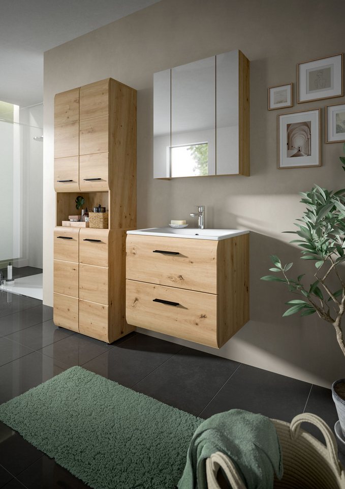 welltime Badezimmer-Set, (Set, 4-St., Hochschrank breit, Waschtisch inkl. Waschbecken, Spiegelschrank), Bad-Kombination, Bad-Möbel, Badezimmer, Kombination, Kombi