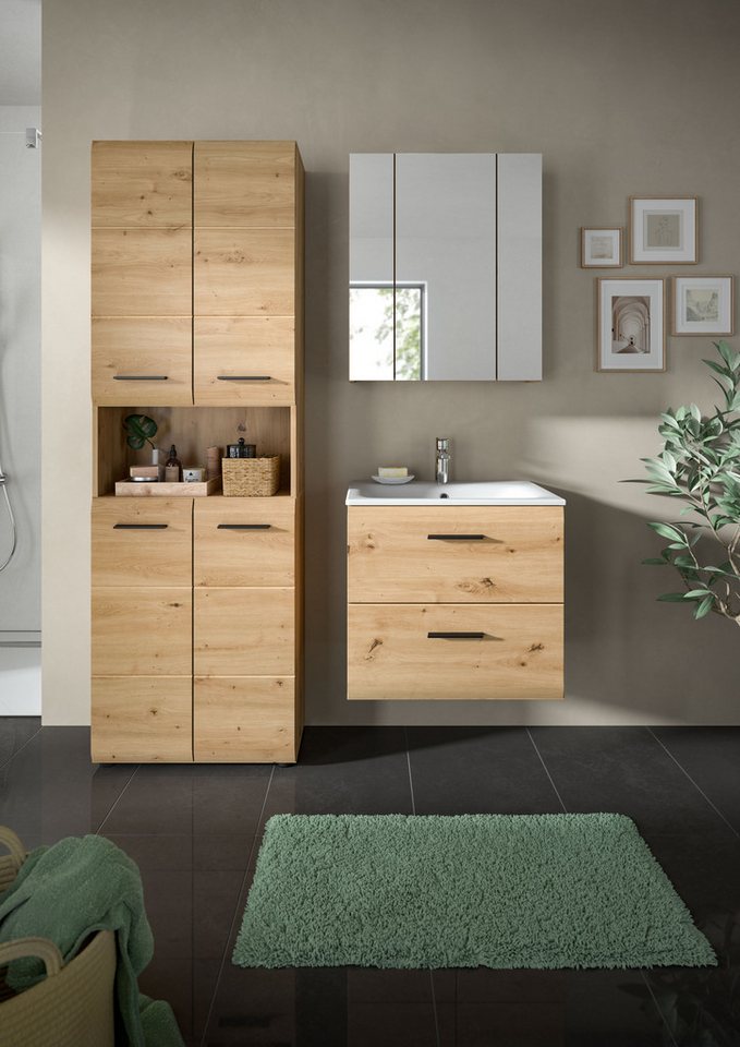 welltime Badezimmer-Set, (Set, 4-St., Hochschrank breit, Waschtisch inkl. Waschbecken, Spiegelschrank), Bad-Kombination, Bad-Möbel, Badezimmer, Kombination, Kombi Bild 2