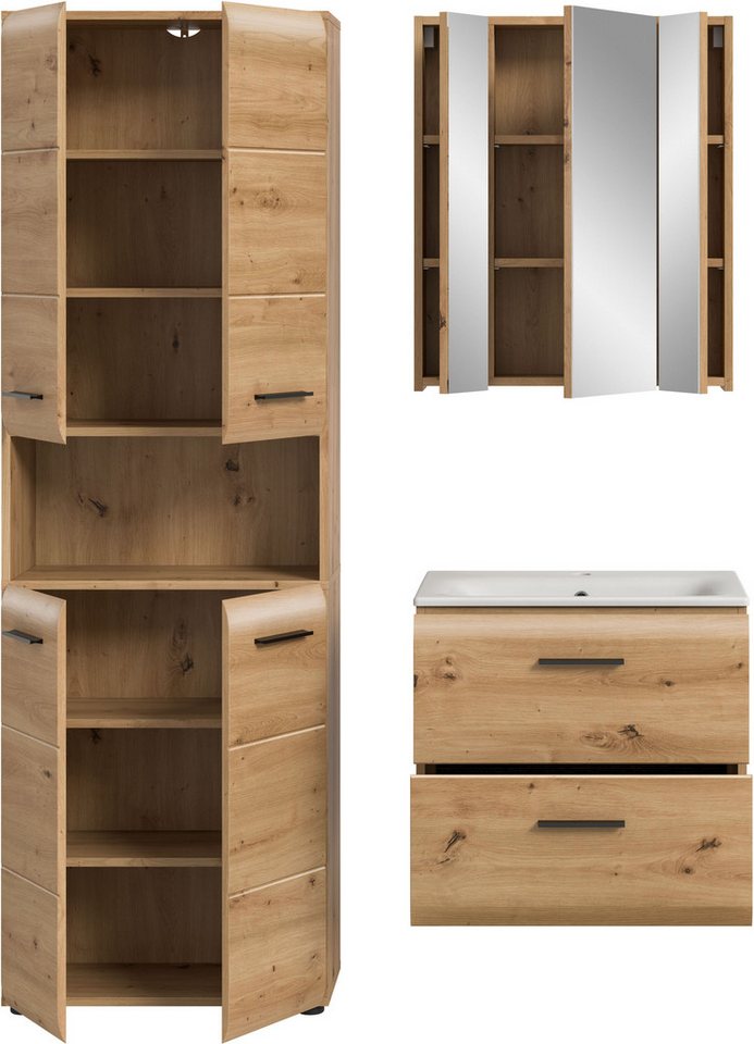 welltime Badezimmer-Set, (Set, 4-St., Hochschrank breit, Waschtisch inkl. Waschbecken, Spiegelschrank), Bad-Kombination, Bad-Möbel, Badezimmer, Kombination, Kombi Bild 3