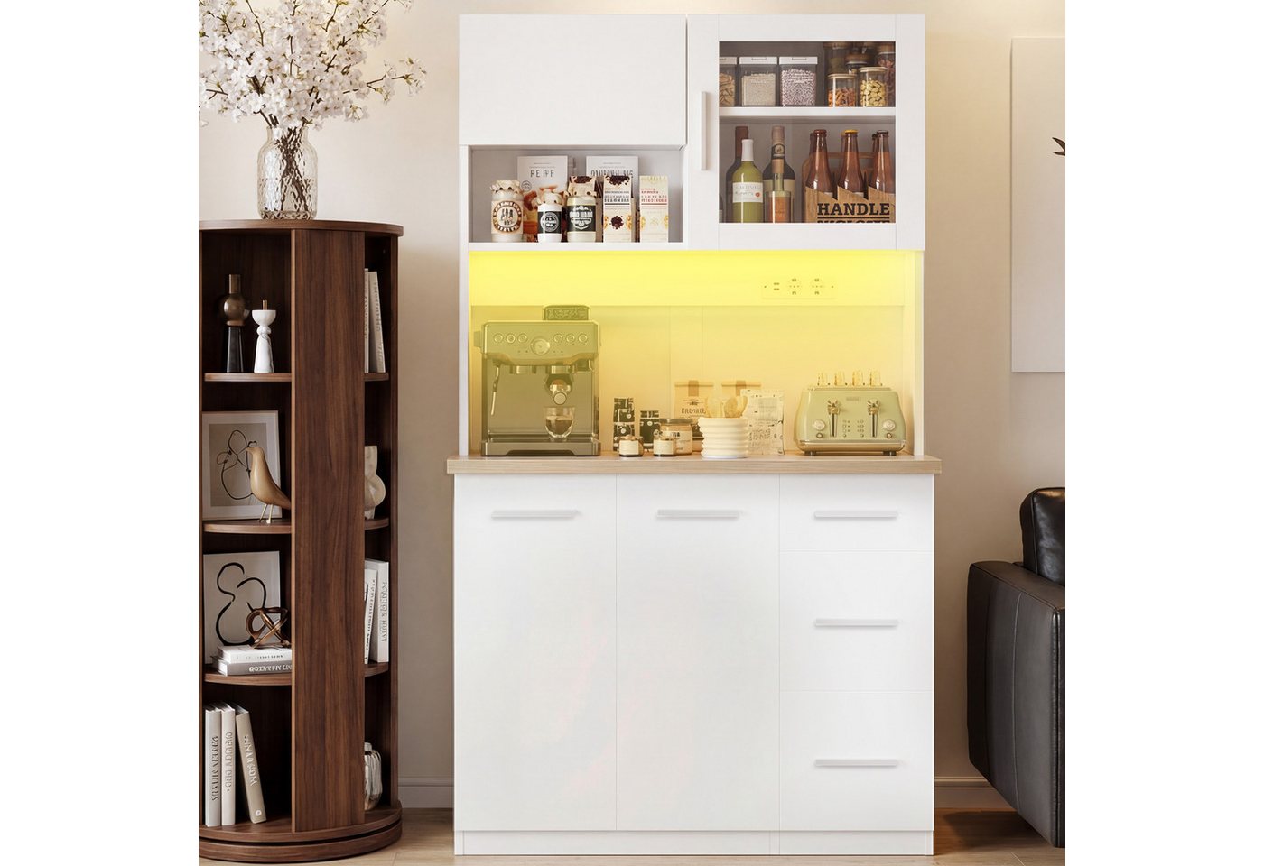 Furnicopia Küchenbuffet Hohe Schränke, Küchenzeilen, Sideboards, mit LED-Beleuchtung (Maße: 100 × 40 × 182 cm, mit 3 Schubladen + 3 Schranktüren + 1 offenem Staufach und Arbeitsplatte, 2 Steckdosen + 2 USB-Anschlüssen, mit verstellbaren Einlegeböden)