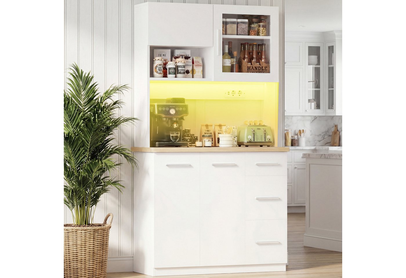 Furnicopia Küchenbuffet Hohe Schränke, Küchenzeilen, Sideboards, mit LED-Beleuchtung (Maße: 100 × 40 × 182 cm, mit 3 Schubladen + 3 Schranktüren + 1 offenem Staufach und Arbeitsplatte, 2 Steckdosen + 2 USB-Anschlüssen, mit verstellbaren Einlegeböden) Bild 2