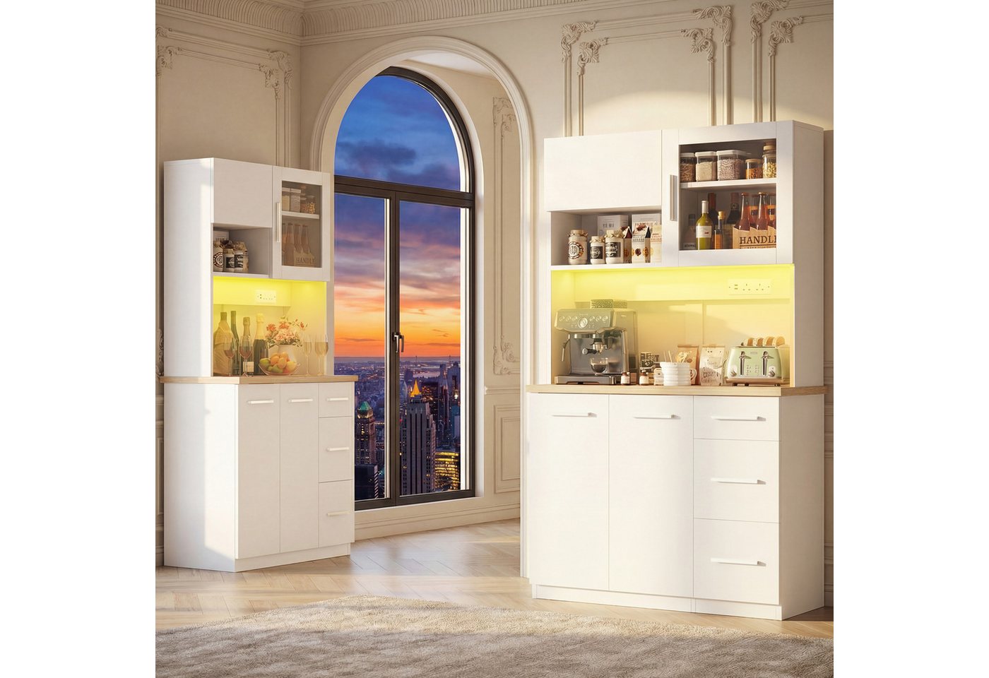 Furnicopia Küchenbuffet Hohe Schränke, Küchenzeilen, Sideboards, mit LED-Beleuchtung (Maße: 100 × 40 × 182 cm, mit 3 Schubladen + 3 Schranktüren + 1 offenem Staufach und Arbeitsplatte, 2 Steckdosen + 2 USB-Anschlüssen, mit verstellbaren Einlegeböden) Bild 3