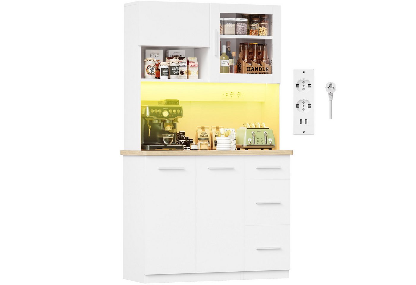 Furnicopia Küchenbuffet Hohe Schränke, Küchenzeilen, Sideboards, mit LED-Beleuchtung (Maße: 100 × 40 × 182 cm, mit 3 Schubladen + 3 Schranktüren + 1 offenem Staufach und Arbeitsplatte, 2 Steckdosen + 2 USB-Anschlüssen, mit verstellbaren Einlegeböden) Bild 4