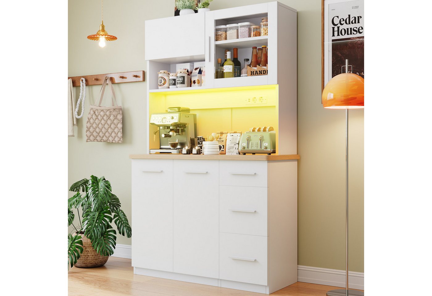 Furnicopia Küchenbuffet Hohe Schränke, Küchenzeilen, Sideboards, mit LED-Beleuchtung (Maße: 100 × 40 × 182 cm, mit 3 Schubladen + 3 Schranktüren + 1 offenem Staufach und Arbeitsplatte, 2 Steckdosen + 2 USB-Anschlüssen, mit verstellbaren Einlegeböden) Bild 5