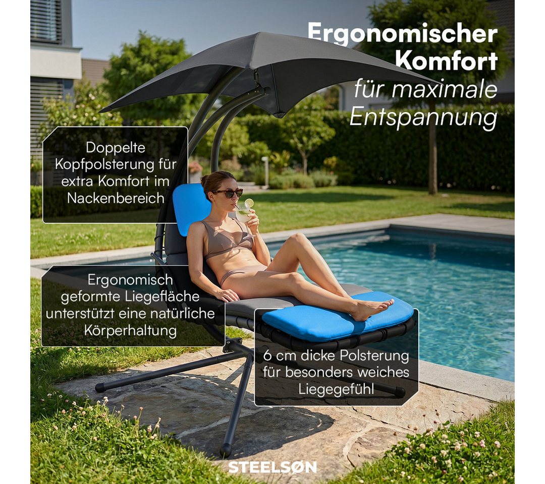 STEELSØN Gartenliege Nyria Sonnenliege mit Sonnendach, anthrazit, mit Kissen, schwerelose Schaukelliege bis 120 kg, Sonnenliege wetterfest