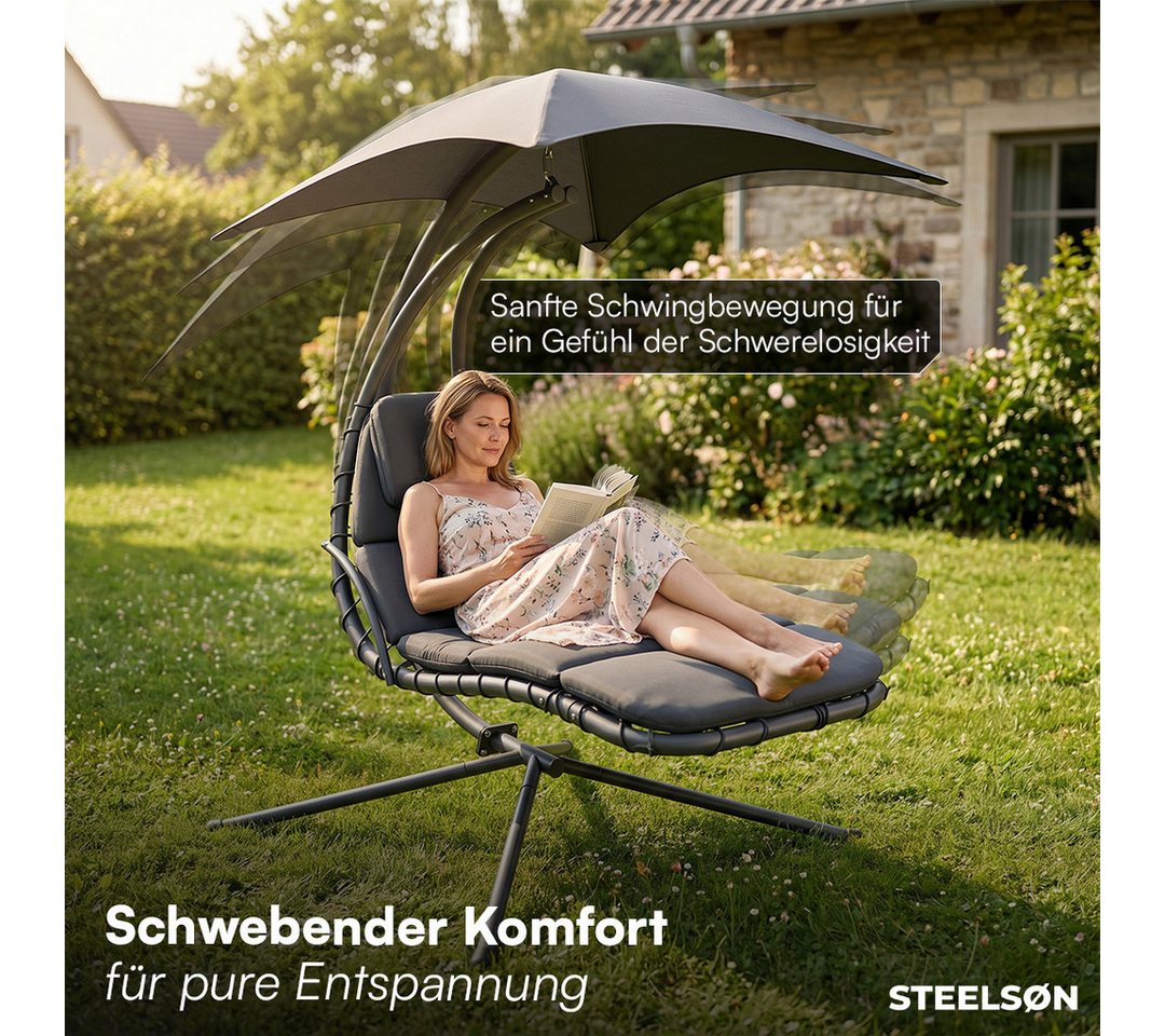 STEELSØN Gartenliege Nyria Sonnenliege mit Sonnendach, anthrazit, mit Kissen, schwerelose Schaukelliege bis 120 kg, Sonnenliege wetterfest Bild 2