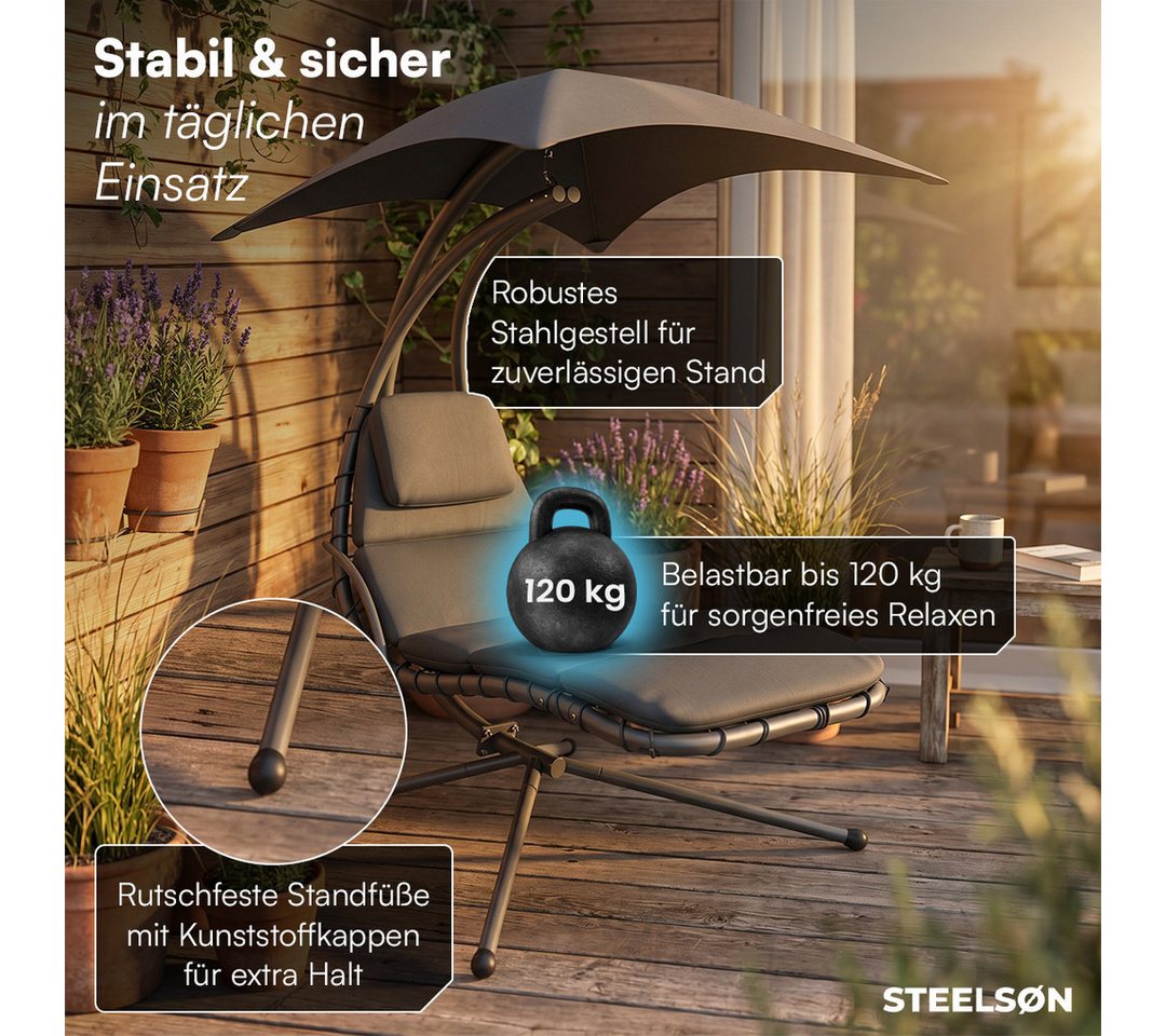 STEELSØN Gartenliege Nyria Sonnenliege mit Sonnendach, anthrazit, mit Kissen, schwerelose Schaukelliege bis 120 kg, Sonnenliege wetterfest Bild 3