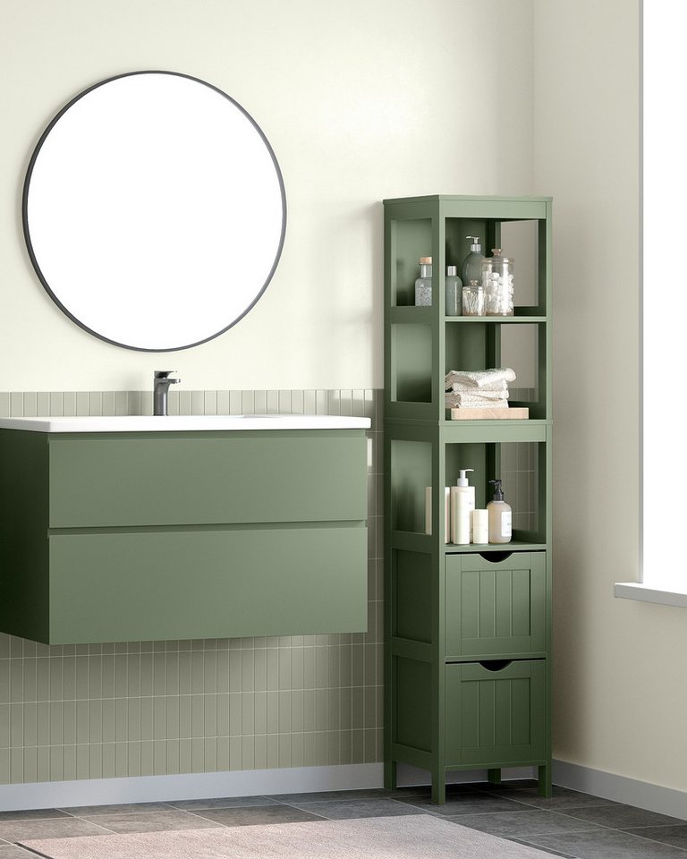 VASAGLE Badkommode Badezimmerschrank, für Badezimmer, Wohnzimmer, Küche, mit 2 Schubladen, offenen Fächern, modern, 30 x 30 x 141,5 cm