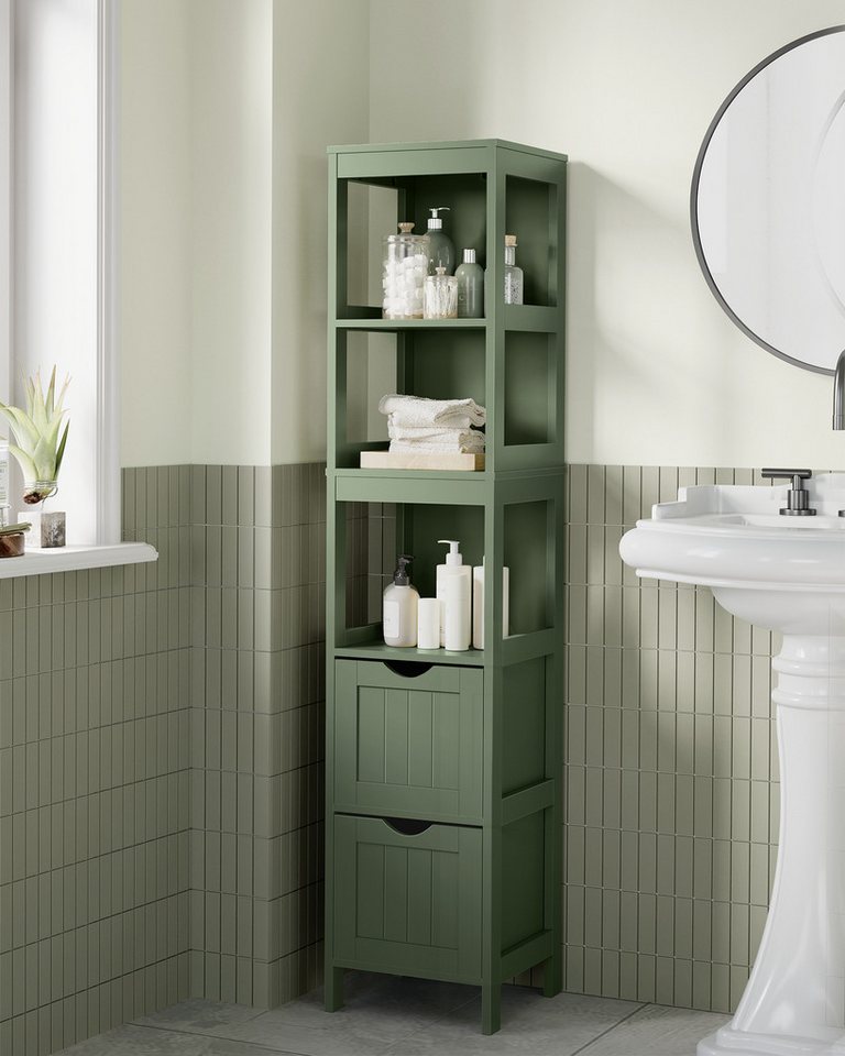 VASAGLE Badkommode Badezimmerschrank, für Badezimmer, Wohnzimmer, Küche, mit 2 Schubladen, offenen Fächern, modern, 30 x 30 x 141,5 cm Bild 2
