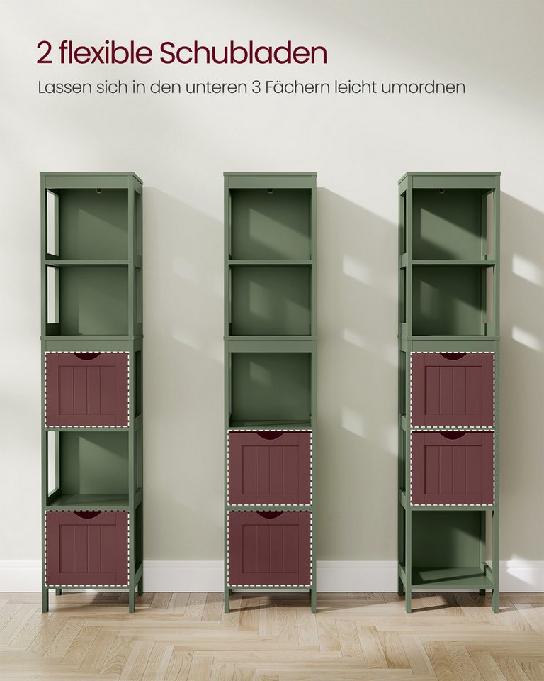 VASAGLE Badkommode Badezimmerschrank, für Badezimmer, Wohnzimmer, Küche, mit 2 Schubladen, offenen Fächern, modern, 30 x 30 x 141,5 cm Bild 3