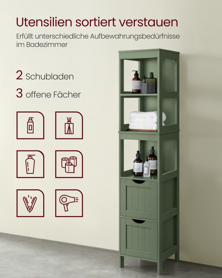 VASAGLE Badkommode Badezimmerschrank, für Badezimmer, Wohnzimmer, Küche, mit 2 Schubladen, offenen Fächern, modern, 30 x 30 x 141,5 cm Bild 4