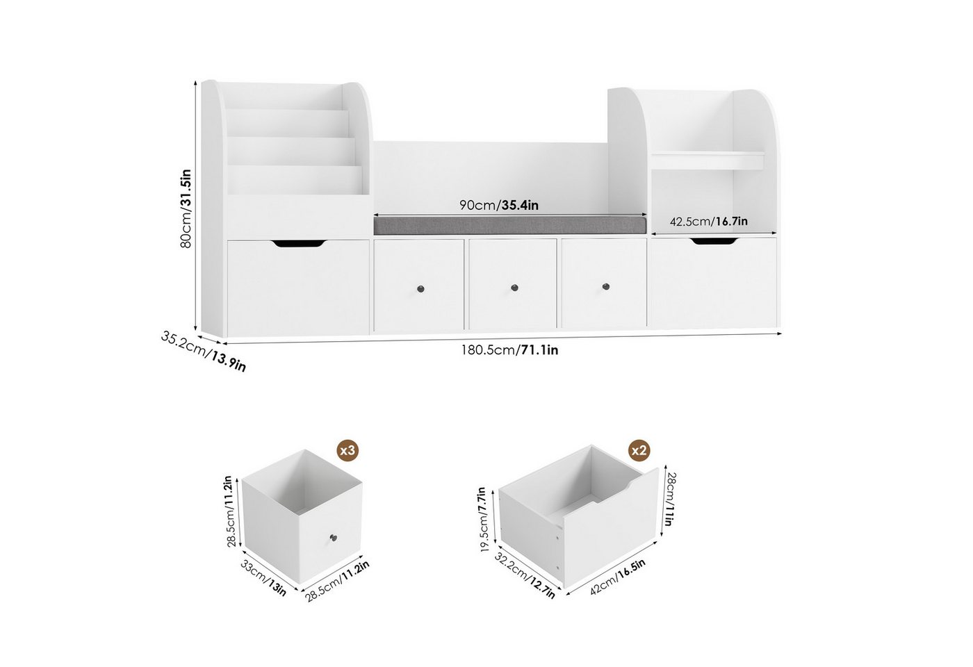 Homfa Kinderregal 180cm Sitzbank für Kinder mit 2 Schubladen auf Räder & 3 Stoffboxen, Spielzeugregal,Spielzeugtruhe, Kinderregal mit Bücherregal 180x35x80cm