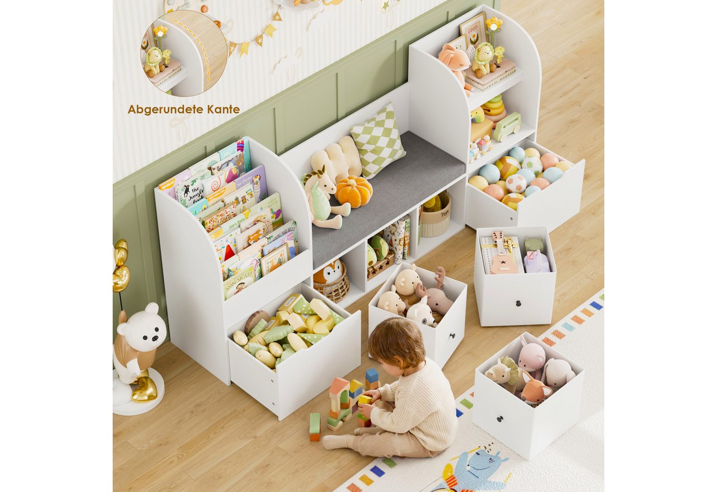 Homfa Kinderregal 180cm Sitzbank für Kinder mit 2 Schubladen auf Räder & 3 Stoffboxen, Spielzeugregal,Spielzeugtruhe, Kinderregal mit Bücherregal 180x35x80cm Bild 2