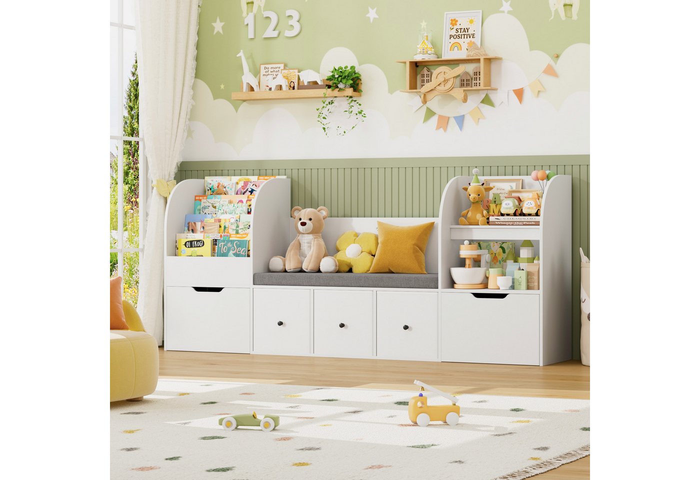 Homfa Kinderregal 180cm Sitzbank für Kinder mit 2 Schubladen auf Räder & 3 Stoffboxen, Spielzeugregal,Spielzeugtruhe, Kinderregal mit Bücherregal 180x35x80cm Bild 3