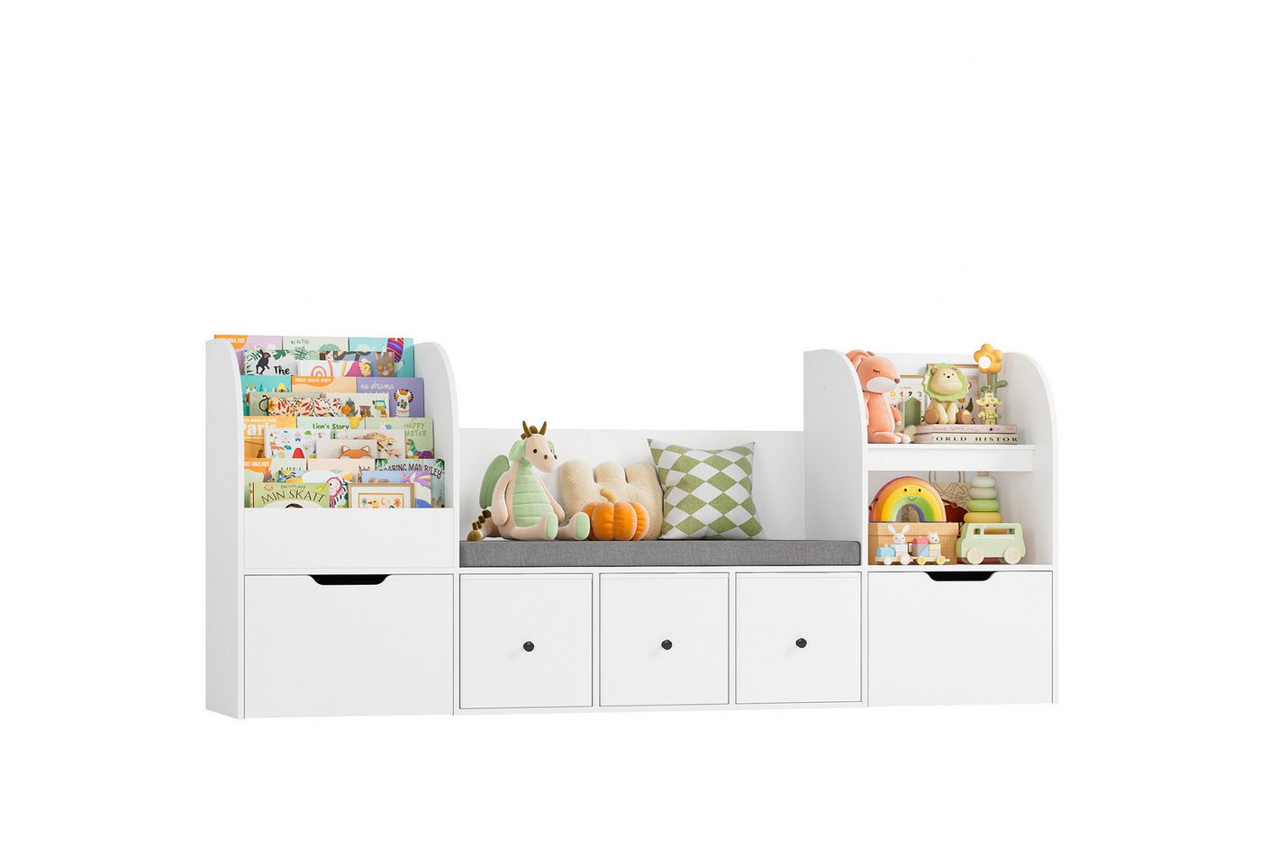 Homfa Kinderregal 180cm Sitzbank für Kinder mit 2 Schubladen auf Räder & 3 Stoffboxen, Spielzeugregal,Spielzeugtruhe, Kinderregal mit Bücherregal 180x35x80cm Bild 4