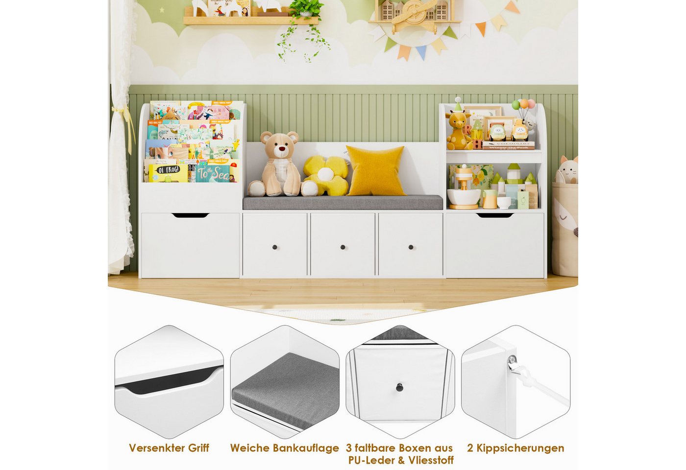 Homfa Kinderregal 180cm Sitzbank für Kinder mit 2 Schubladen auf Räder & 3 Stoffboxen, Spielzeugregal,Spielzeugtruhe, Kinderregal mit Bücherregal 180x35x80cm Bild 5