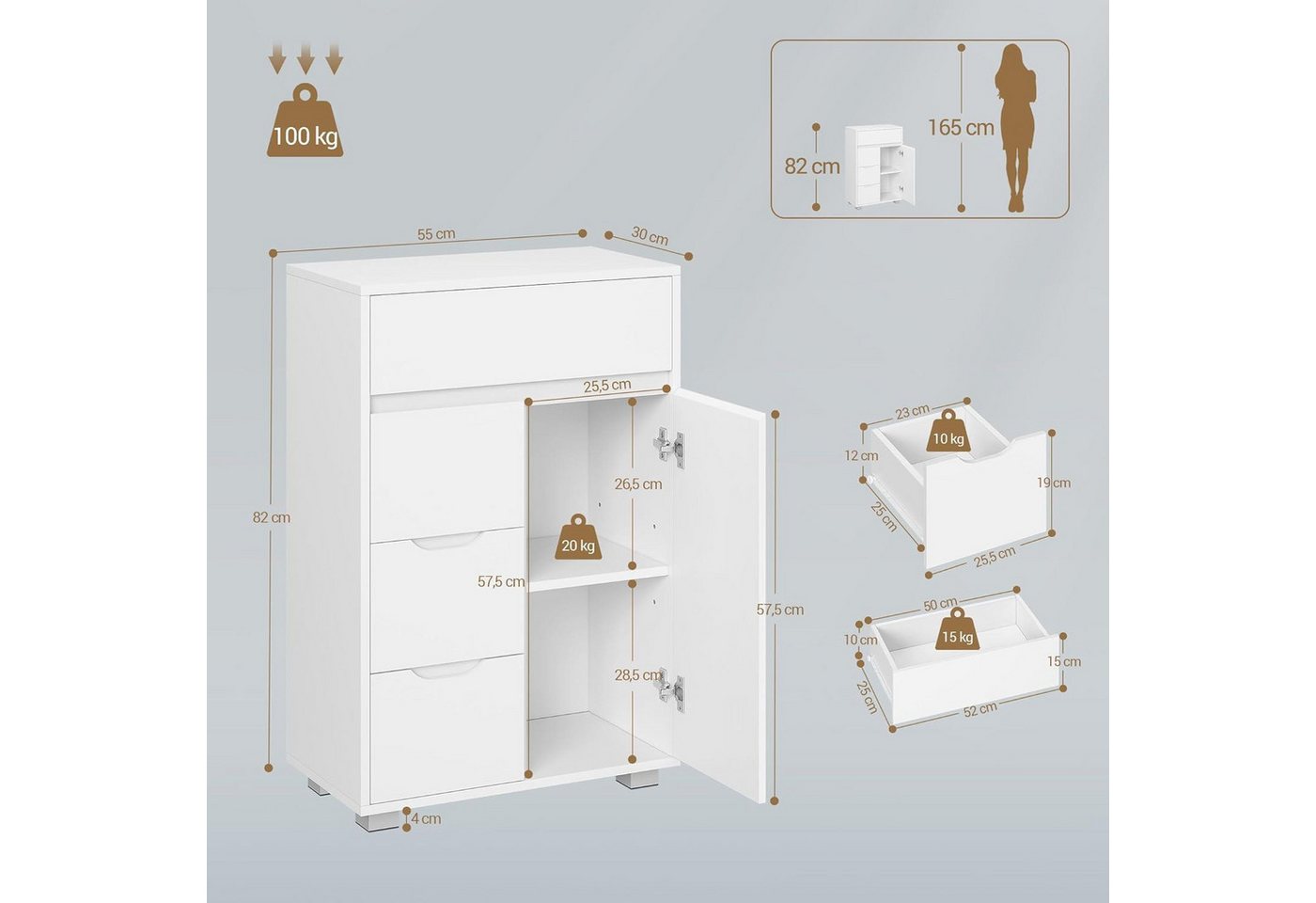 LuxusKollektion Badkommode Badezimmerschrank Kommode 4 Schubladen Schranktür Weiß 30 x 55 x 82 cm Bild 3