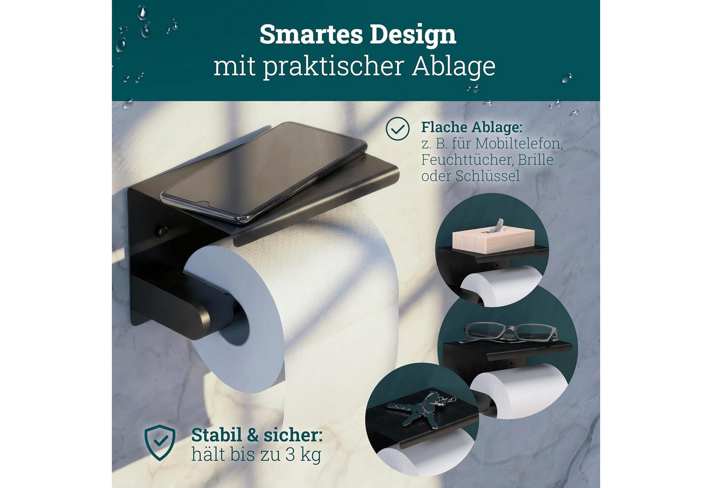 Forrlite Toilettenpapierhalter Toilettenpapierhalter mit Ablage, Kleben oder Bohren, Dunkelgrau (Toilettenpapierhalter mit Ablage, Edelstahl WC-Rollenhalter zur Wandmontage, Kleben oder Bohren, Dunkelgrau) Bild 2