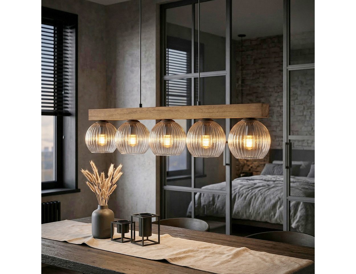 hofstein Hängeleuchte Hängelampe aus Metall/Holz/Riffelglas in Schwarz/Natur/Bernstein/Klar, ohne Leuchtmittel, moderne Pendelleuchte im Boho/Vintage-Design mit Holzbalken, 5 x E14