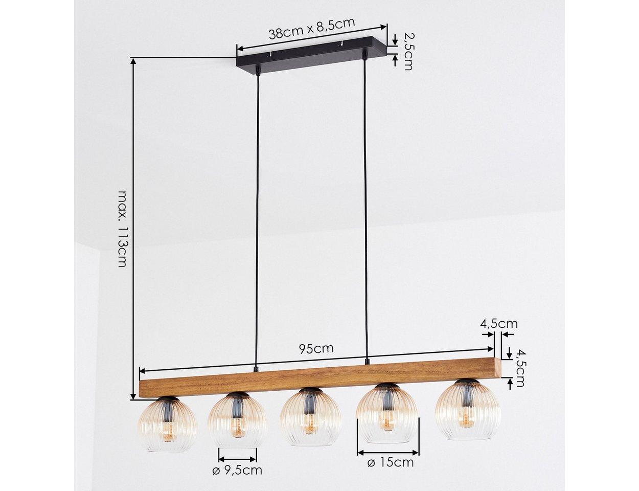 hofstein Hängeleuchte Hängelampe aus Metall/Holz/Riffelglas in Schwarz/Natur/Bernstein/Klar, ohne Leuchtmittel, moderne Pendelleuchte im Boho/Vintage-Design mit Holzbalken, 5 x E14 Bild 3