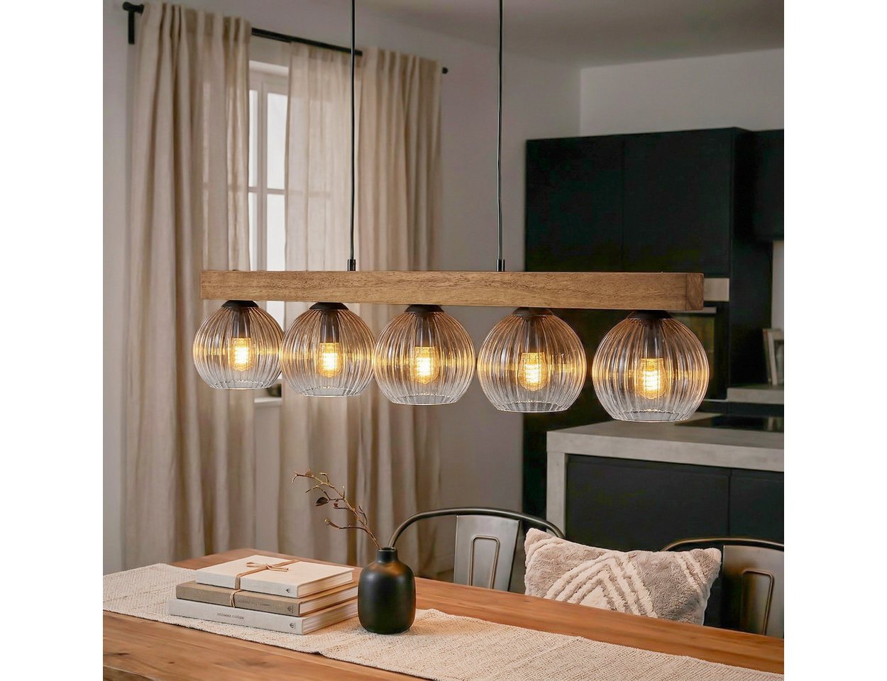 hofstein Hängeleuchte Hängelampe aus Metall/Holz/Riffelglas in Schwarz/Natur/Bernstein/Klar, ohne Leuchtmittel, moderne Pendelleuchte im Boho/Vintage-Design mit Holzbalken, 5 x E14 Bild 4
