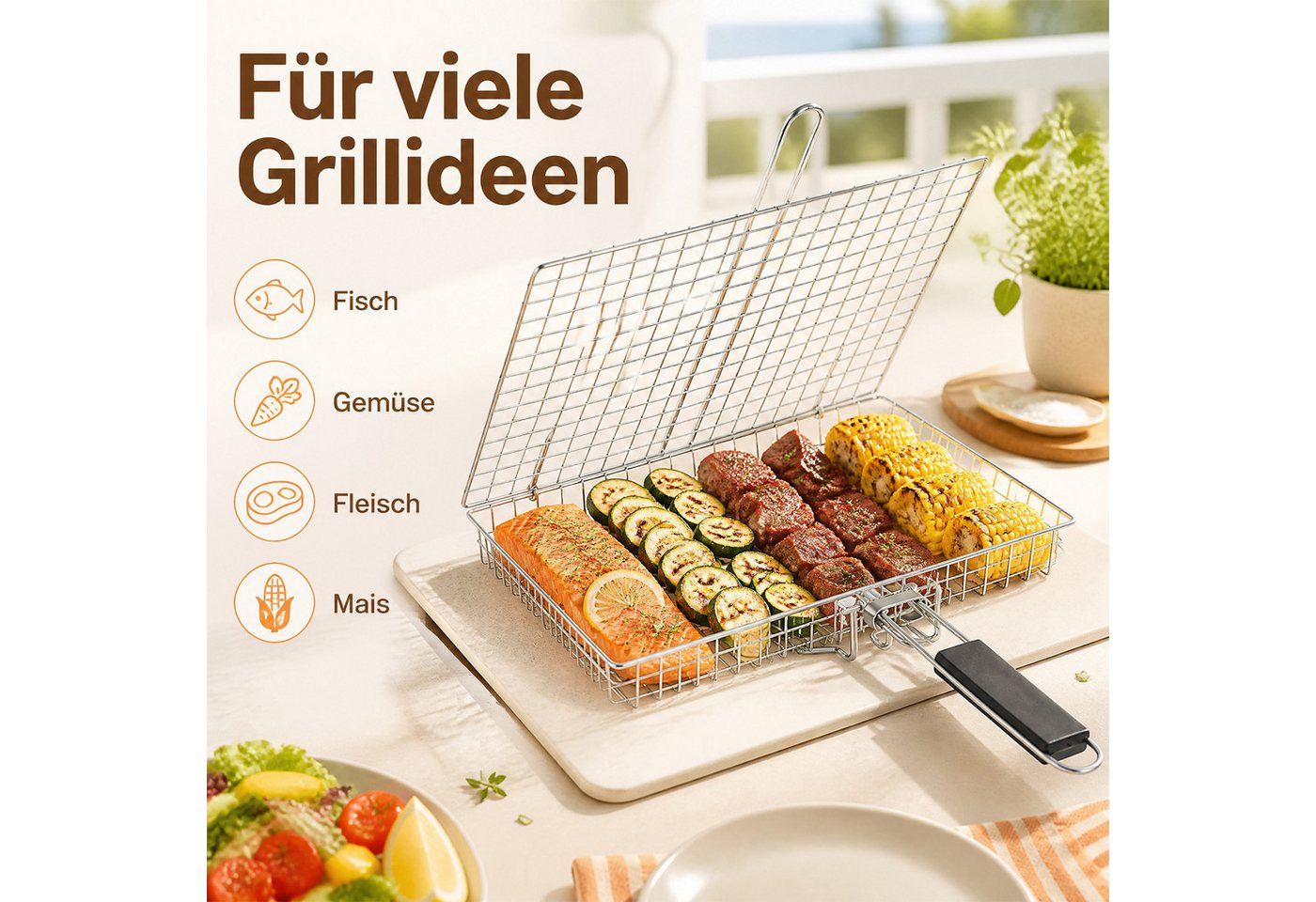 HEYHIPPO Grillrosteinsatz Grillkorb Edelstahl 32×22,5cm, mit 4 Spießen, Bürste, Zange & Tasche, (5-St., Grillkorb Set – mit Zubehör, vielseitig für Fisch, Steak & Gemüse), Faltbarer BBQ-Korb mit Grillzange & abnehmbarem Griff, für Camping