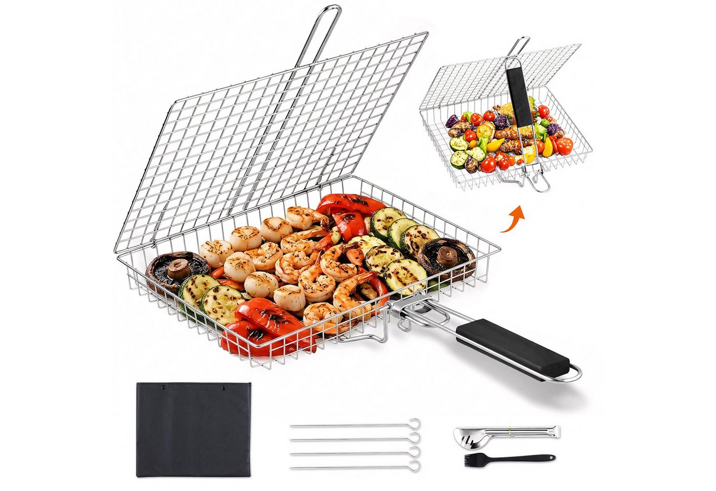 HEYHIPPO Grillrosteinsatz Grillkorb Edelstahl 32×22,5cm, mit 4 Spießen, Bürste, Zange & Tasche, (5-St., Grillkorb Set – mit Zubehör, vielseitig für Fisch, Steak & Gemüse), Faltbarer BBQ-Korb mit Grillzange & abnehmbarem Griff, für Camping Bild 2