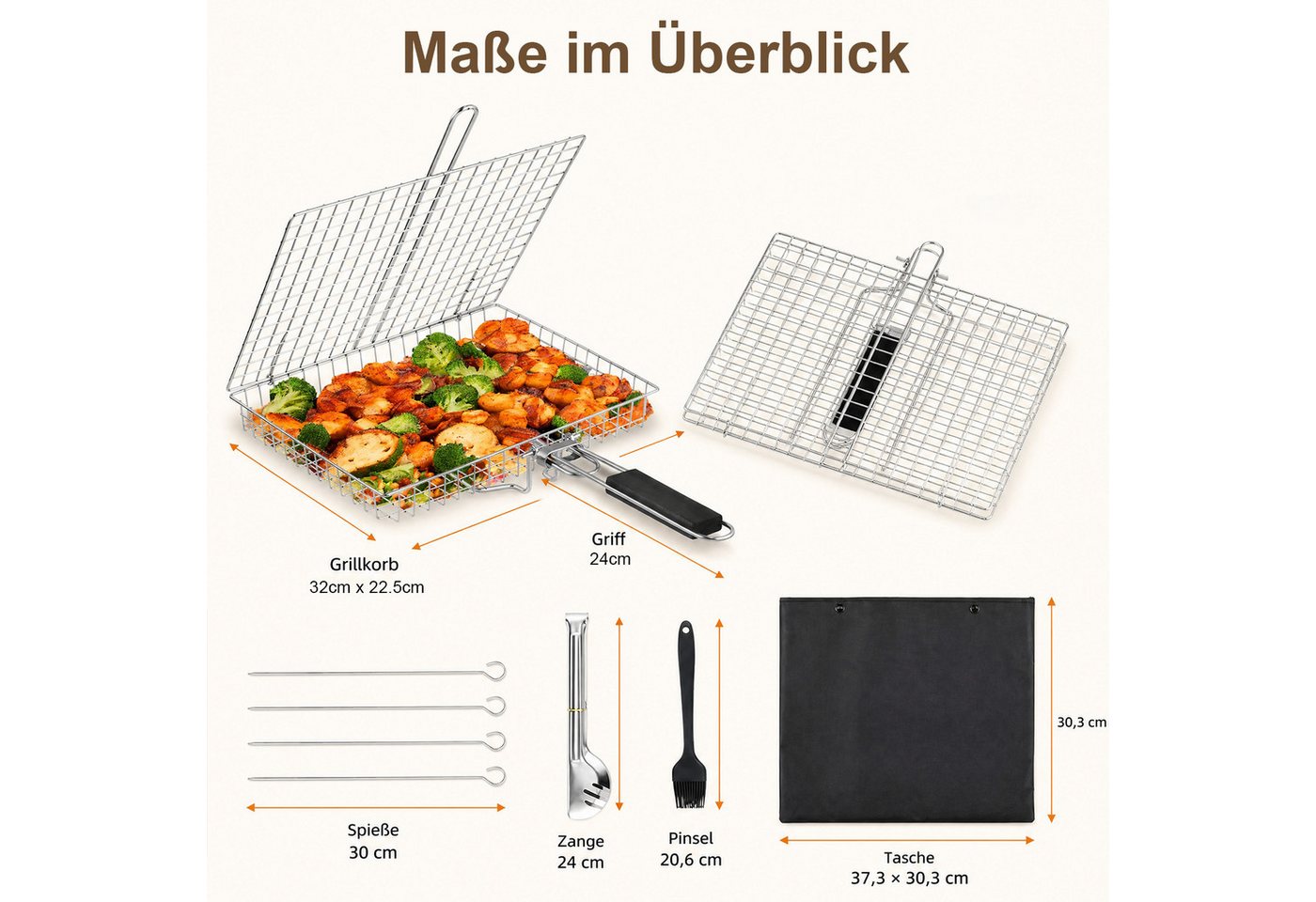 HEYHIPPO Grillrosteinsatz Grillkorb Edelstahl 32×22,5cm, mit 4 Spießen, Bürste, Zange & Tasche, (5-St., Grillkorb Set – mit Zubehör, vielseitig für Fisch, Steak & Gemüse), Faltbarer BBQ-Korb mit Grillzange & abnehmbarem Griff, für Camping Bild 3