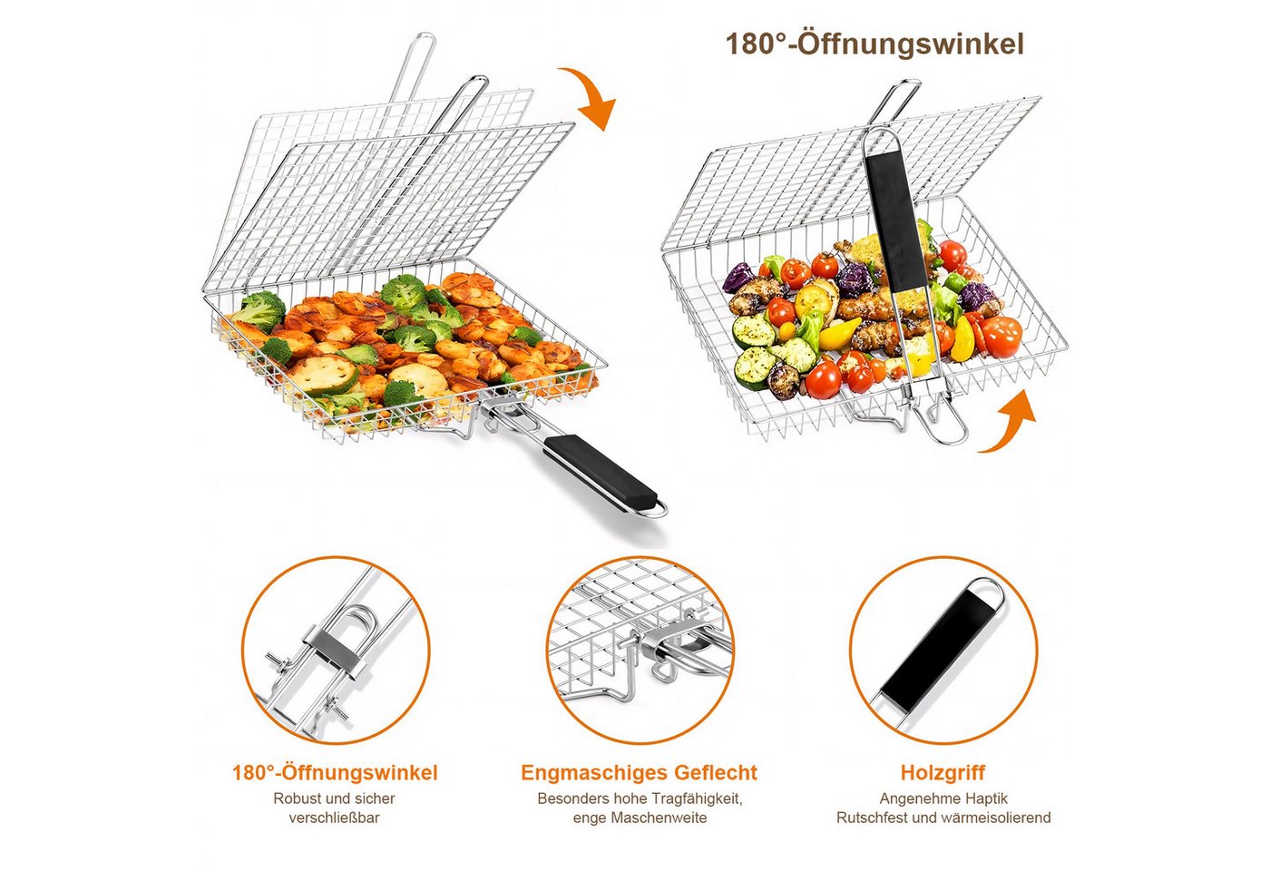 HEYHIPPO Grillrosteinsatz Grillkorb Edelstahl 32×22,5cm, mit 4 Spießen, Bürste, Zange & Tasche, (5-St., Grillkorb Set – mit Zubehör, vielseitig für Fisch, Steak & Gemüse), Faltbarer BBQ-Korb mit Grillzange & abnehmbarem Griff, für Camping Bild 4