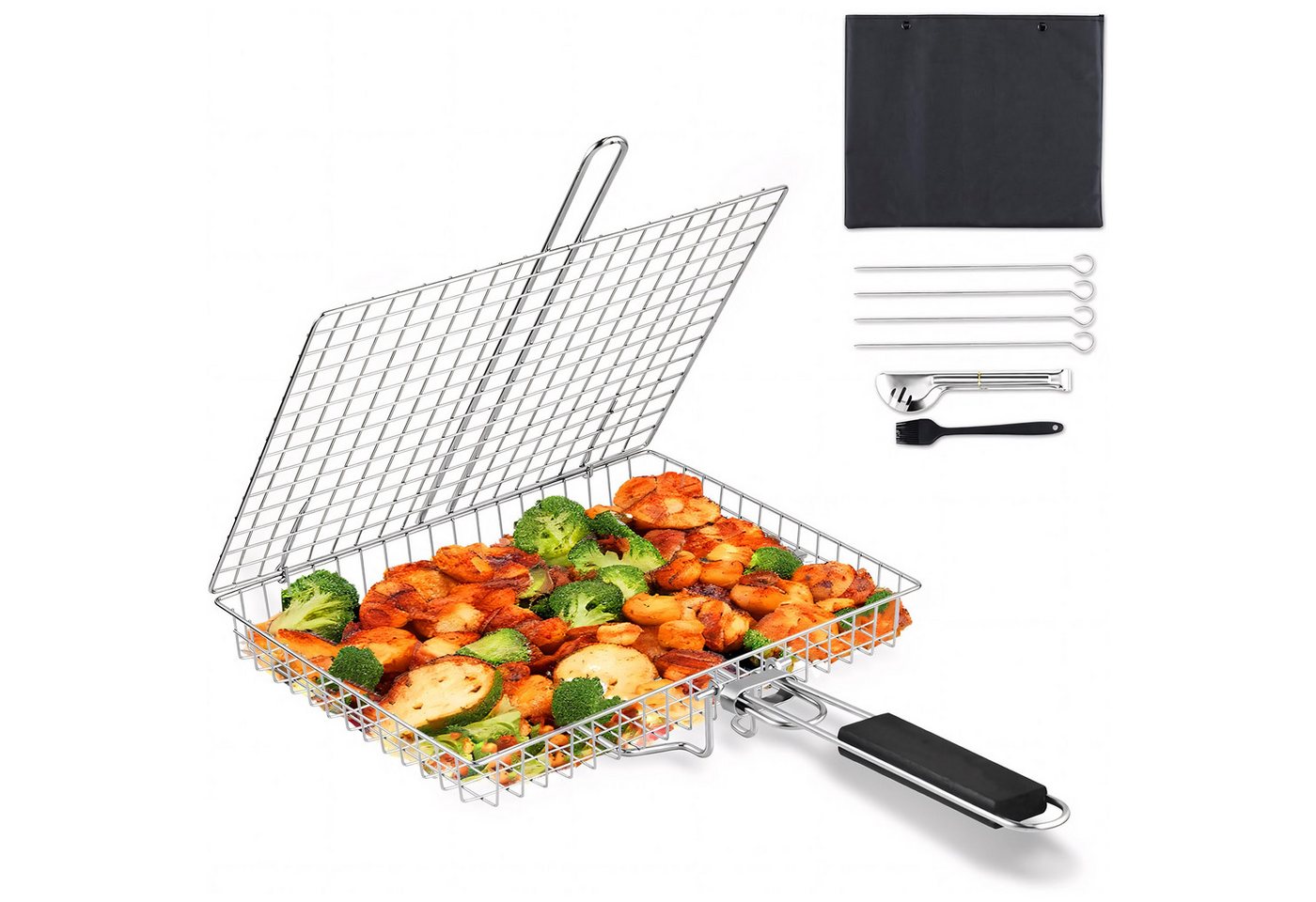 HEYHIPPO Grillrosteinsatz Grillkorb Edelstahl 32×22,5cm, mit 4 Spießen, Bürste, Zange & Tasche, (5-St., Grillkorb Set – mit Zubehör, vielseitig für Fisch, Steak & Gemüse), Faltbarer BBQ-Korb mit Grillzange & abnehmbarem Griff, für Camping Bild 5
