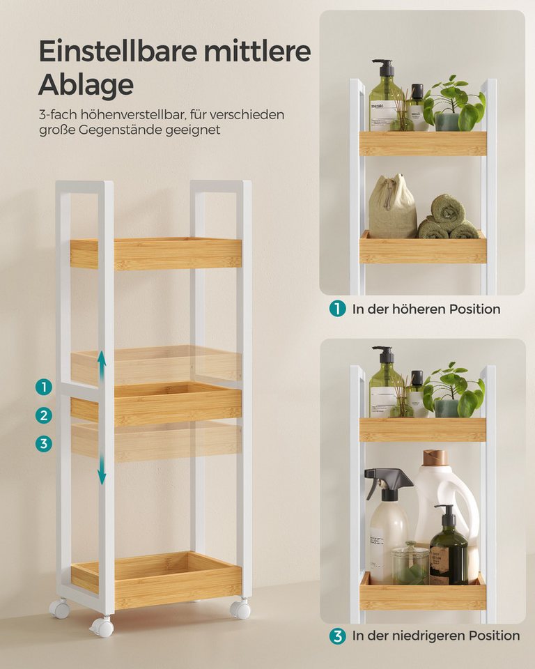 SONGMICS Badregal Rollwagen, Badezimmerregal mit 3 Ebenen, Nischenregal Bambus, Regal schmal, Nischenwagen auf Rollen, platzsparend, 20 x 30 x 80 cm