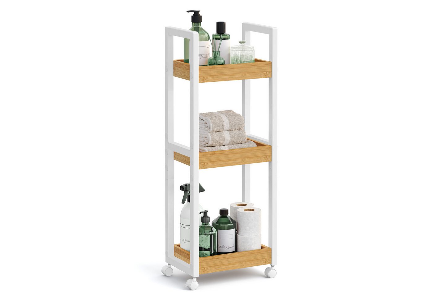 SONGMICS Badregal Rollwagen, Badezimmerregal mit 3 Ebenen, Nischenregal Bambus, Regal schmal, Nischenwagen auf Rollen, platzsparend, 20 x 30 x 80 cm Bild 2