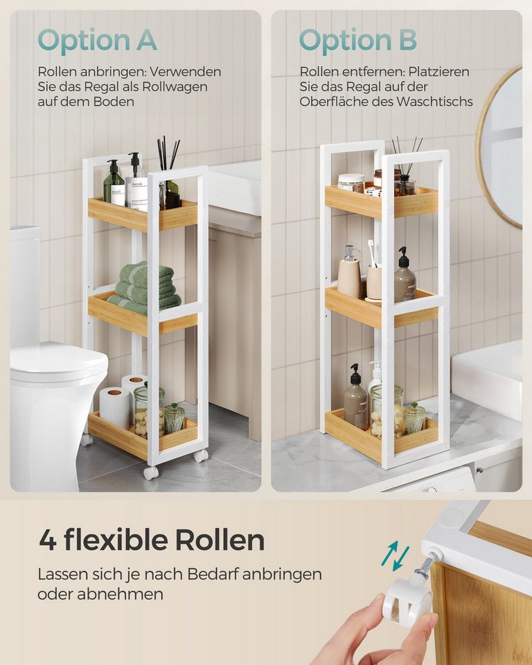 SONGMICS Badregal Rollwagen, Badezimmerregal mit 3 Ebenen, Nischenregal Bambus, Regal schmal, Nischenwagen auf Rollen, platzsparend, 20 x 30 x 80 cm Bild 4