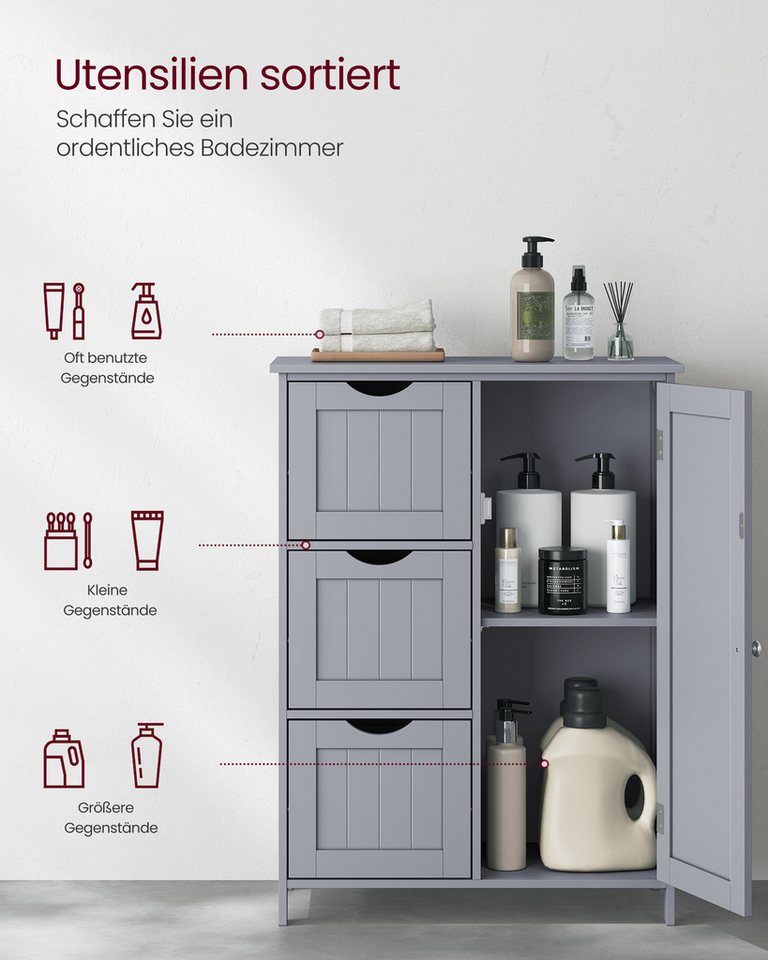 VASAGLE Badkommode Badezimmerschrank, schmaler Badschrank, Beistellschrank, Kommode, mit 3 Schubladen, Schranktür, verstellbare Ablage, 30 x 60 x 80 cm