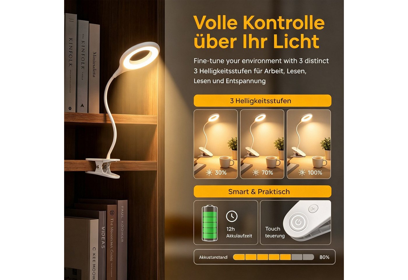 Fyrove LED Leselampe Leselampe Buch Klemme im Bett, USB Wiederaufladbare Leselicht, LED fest integriert, Warmweiß, Kaltweiß, Neutralweiß, Klemmlampe Augenschonende Leselampe Klemme mit 3 Helligkeitsstufen