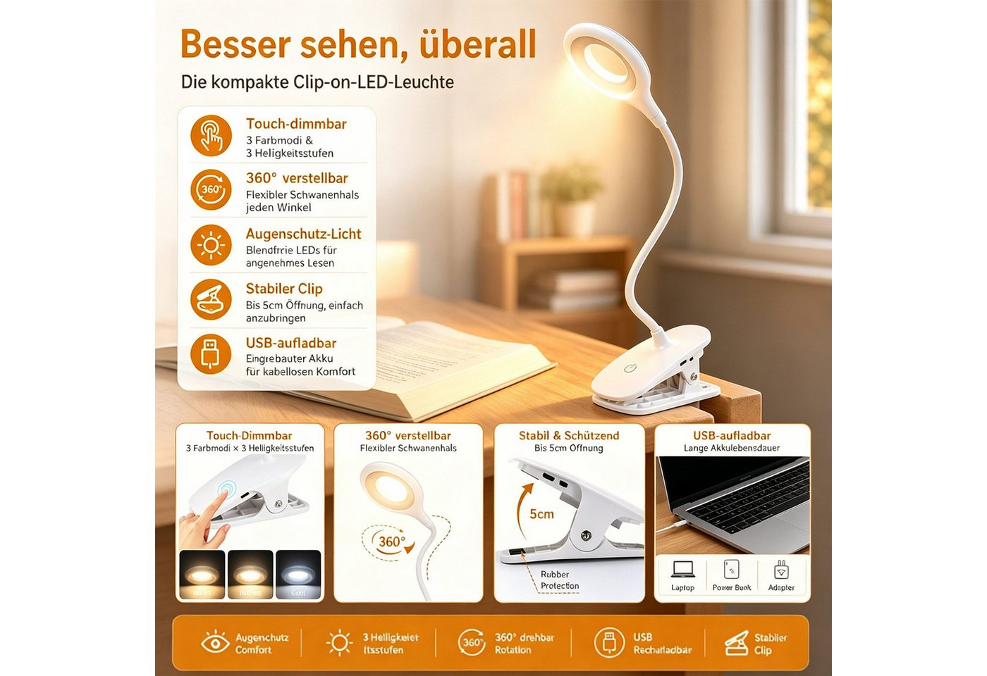 Fyrove LED Leselampe Leselampe Buch Klemme im Bett, USB Wiederaufladbare Leselicht, LED fest integriert, Warmweiß, Kaltweiß, Neutralweiß, Klemmlampe Augenschonende Leselampe Klemme mit 3 Helligkeitsstufen Bild 3